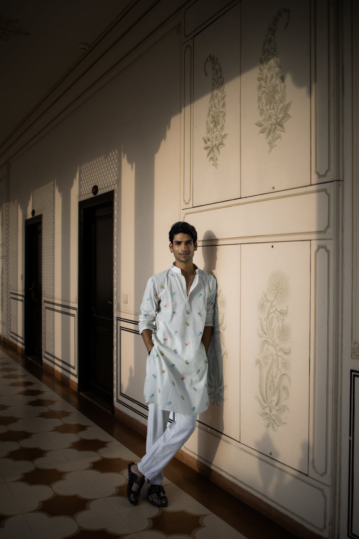 Mint White Floral Motif Kurta