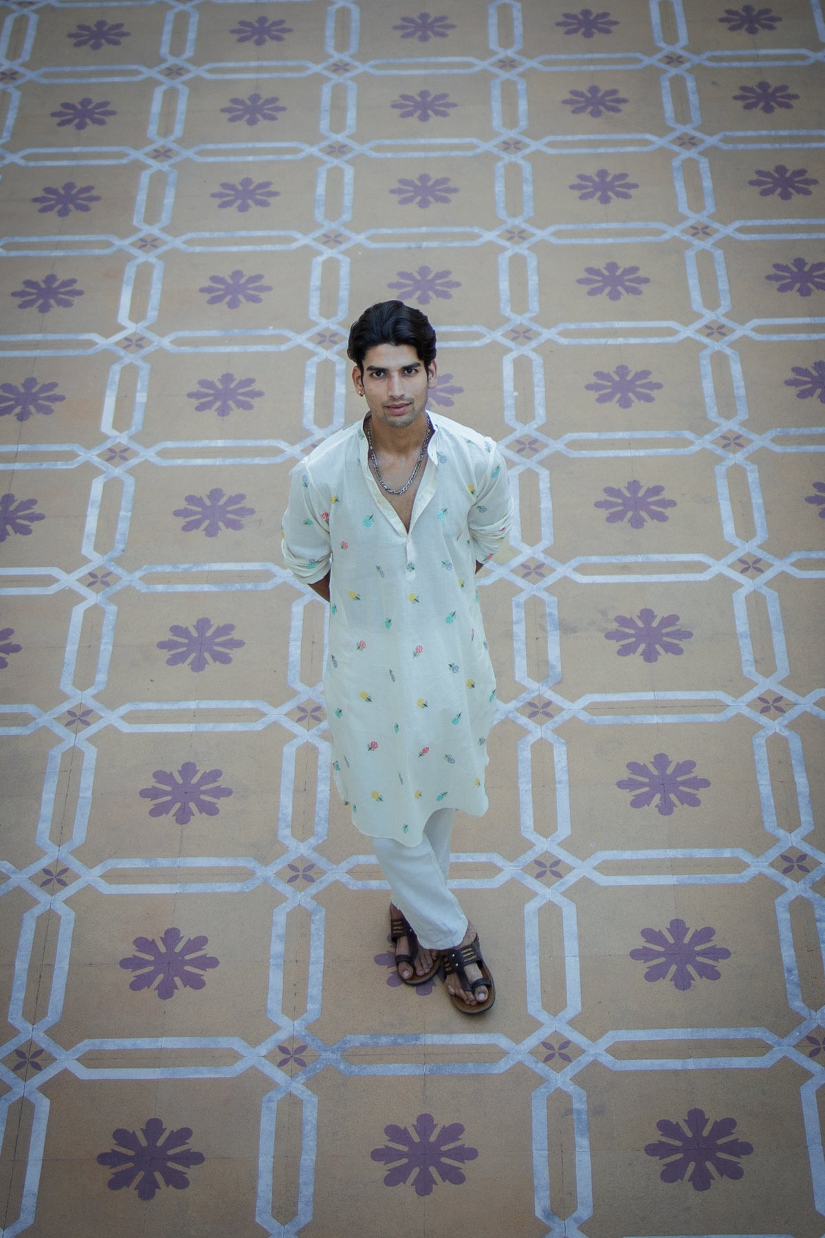 Mint White Floral Motif Kurta