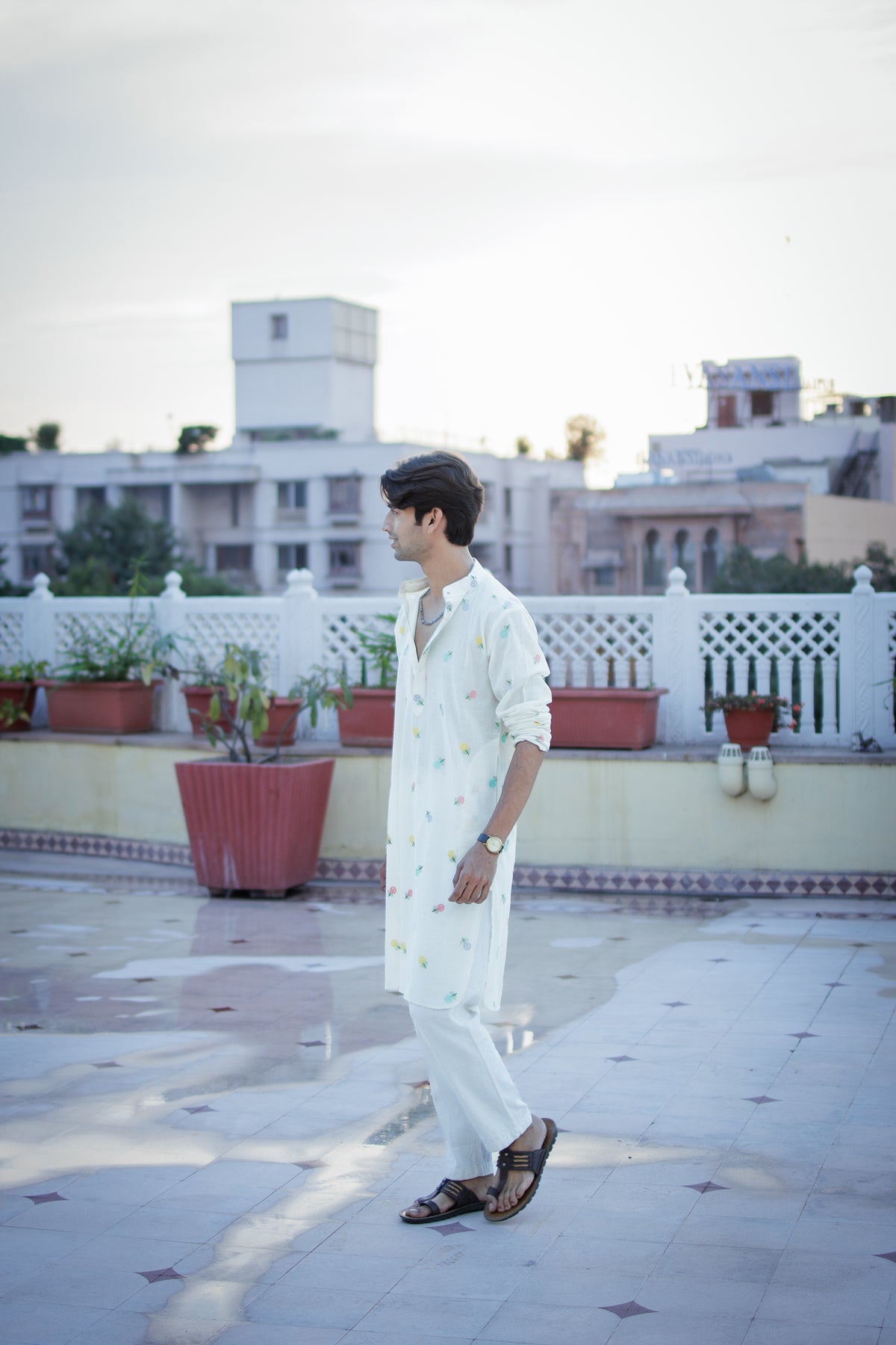 Mint White Floral Motif Kurta
