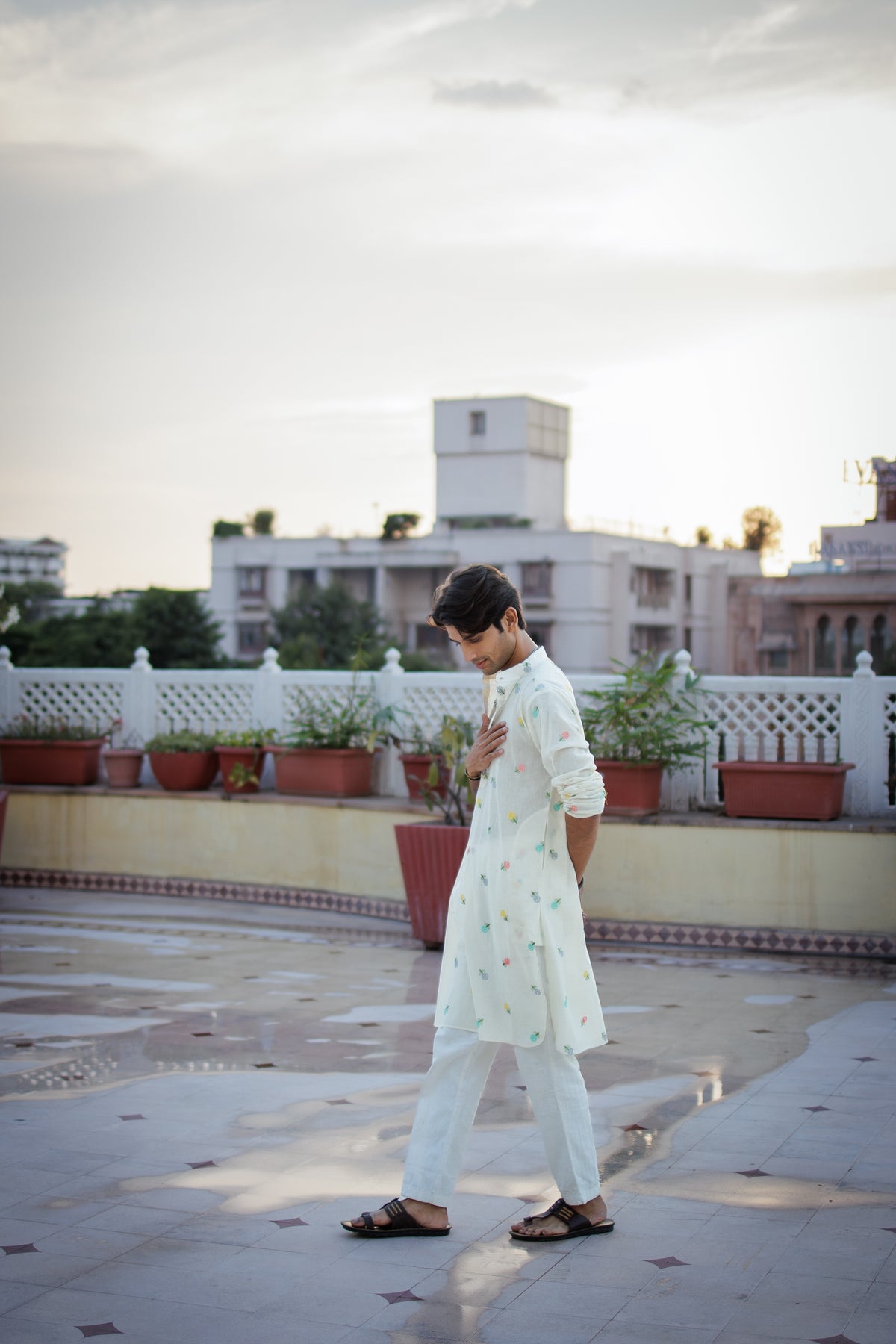 Mint White Floral Motif Kurta