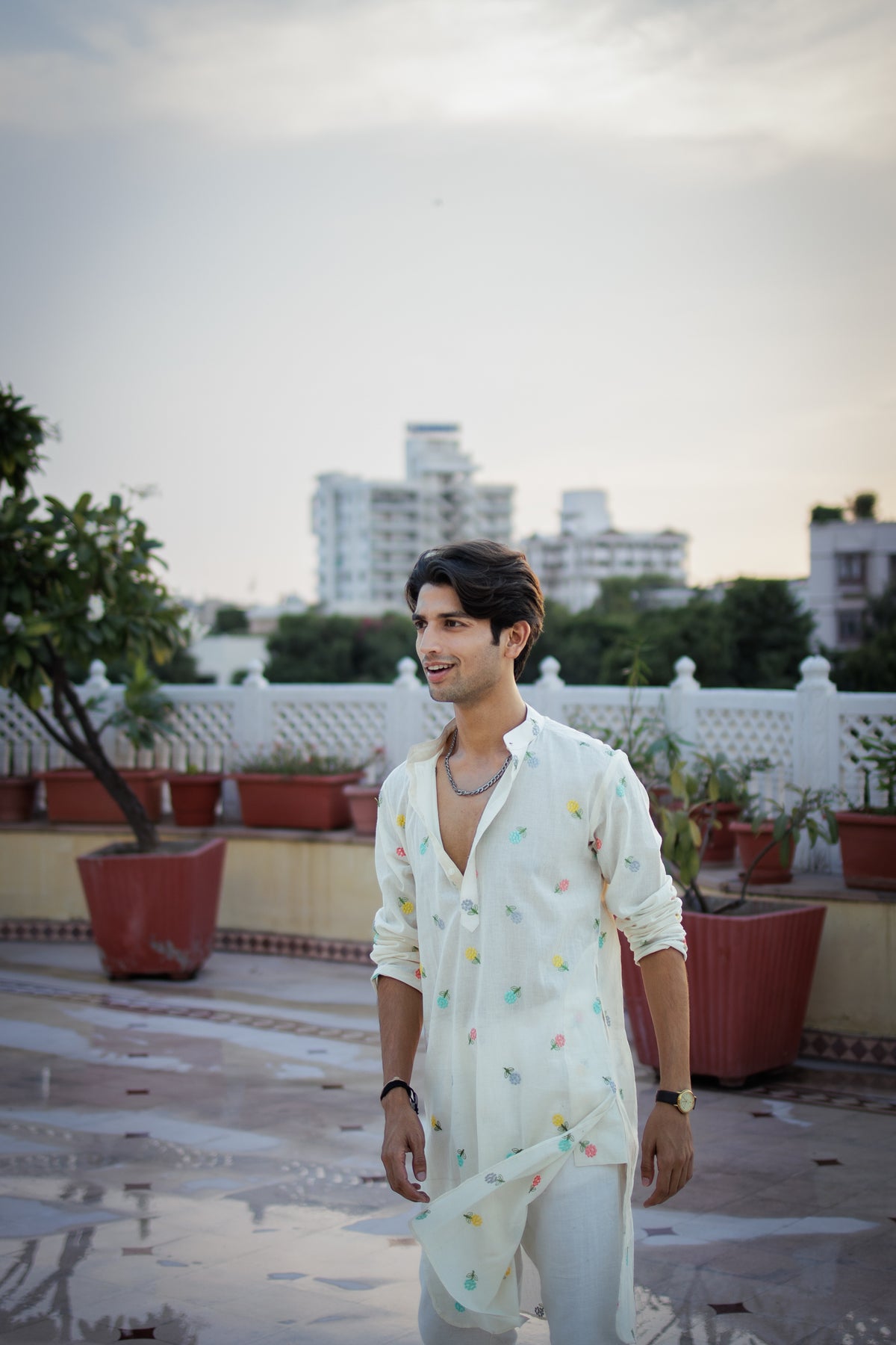 Mint White Floral Motif Kurta