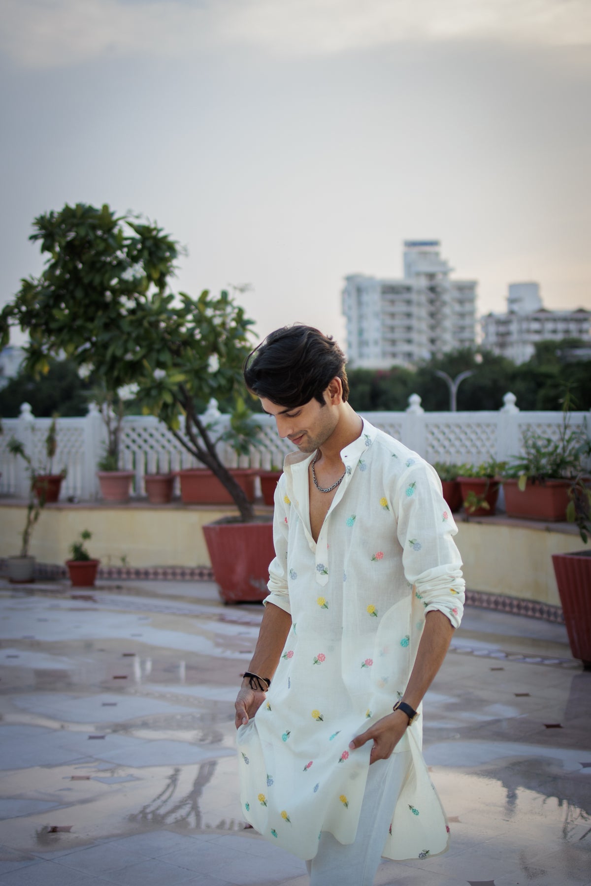 Mint White Floral Motif Kurta