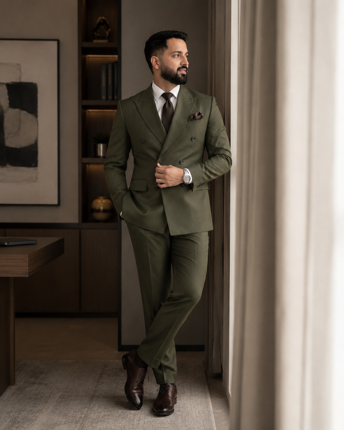 Olive Green Double Breasted Suit For Men